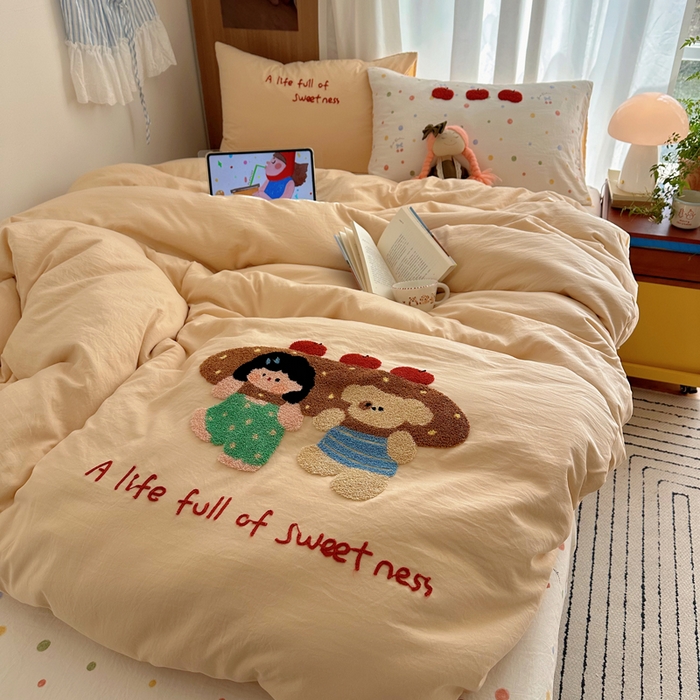 91家纺网 家纺一手货源 找家纺 顾里家纺 2026新款治愈韩风毛巾绣云朵棉四件套 泡芙面包