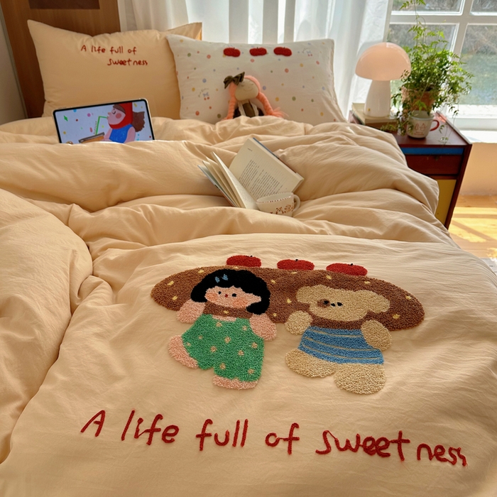 91家纺网 家纺一手货源 找家纺 顾里家纺 2026新款治愈韩风毛巾绣云朵棉四件套 泡芙面包