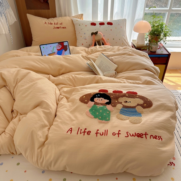 91家纺网 家纺一手货源 找家纺 顾里家纺 2026新款治愈韩风毛巾绣云朵棉四件套 泡芙面包