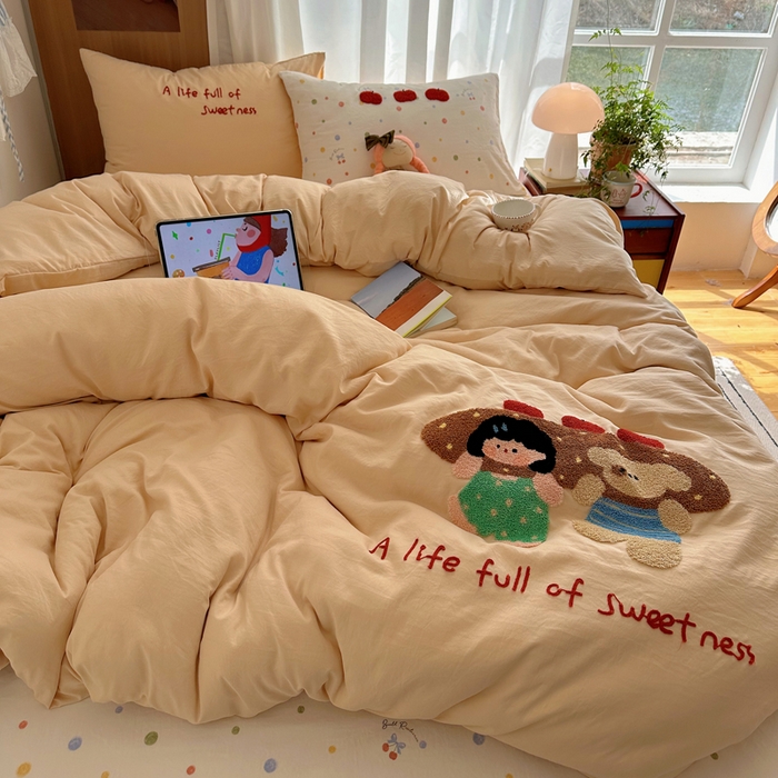 91家纺网 家纺一手货源 找家纺 顾里家纺 2026新款治愈韩风毛巾绣云朵棉四件套 泡芙面包