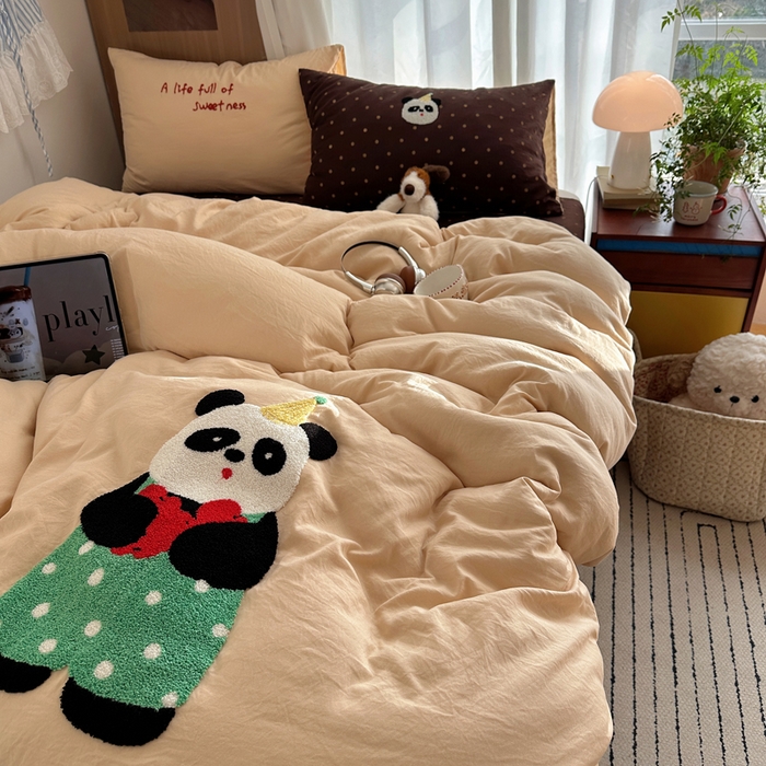 91家纺网 家纺一手货源 找家纺 顾里家纺 2026新款治愈韩风毛巾绣云朵棉四件套 苹果奥利熊