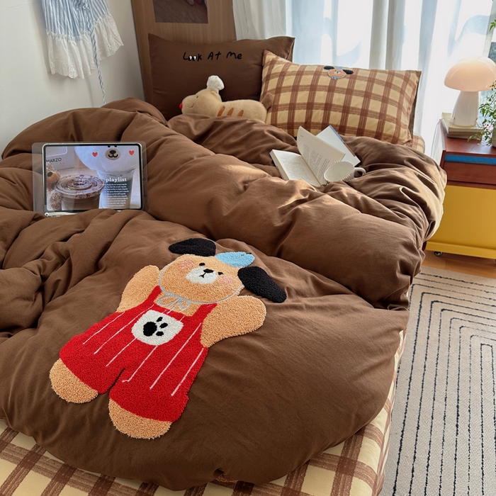 顾里家纺 2026新款治愈韩风毛巾绣云朵棉四件套 呆萌小熊