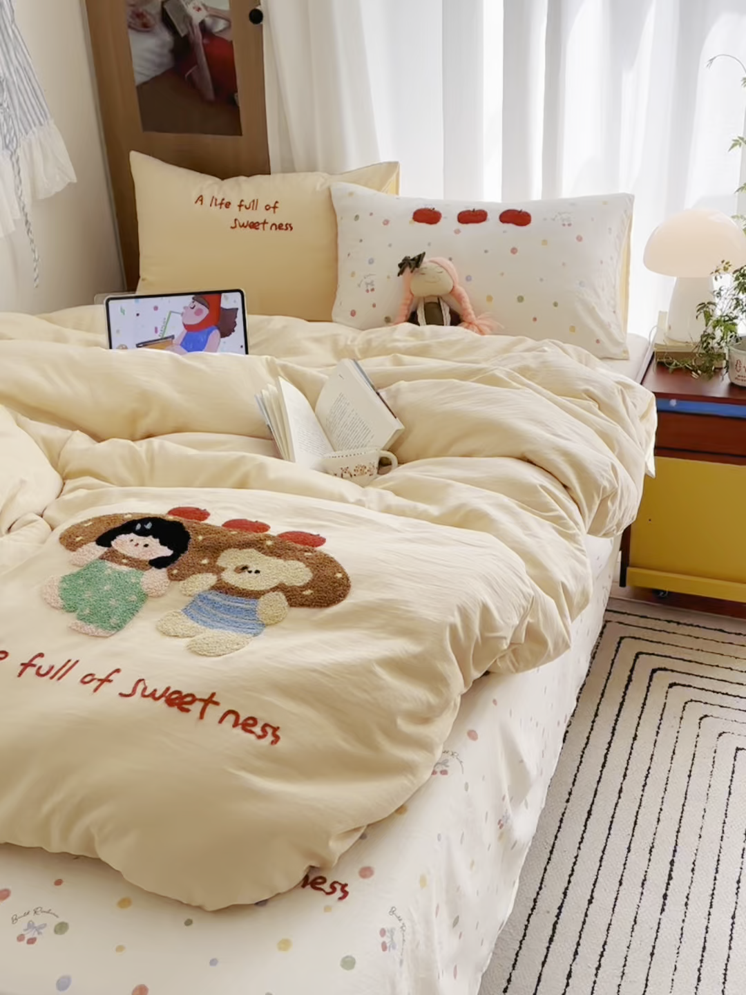 91家纺网 家纺一手货源 找家纺 顾里家纺 2026新款治愈韩风毛巾绣云朵棉四件套 泡芙面包