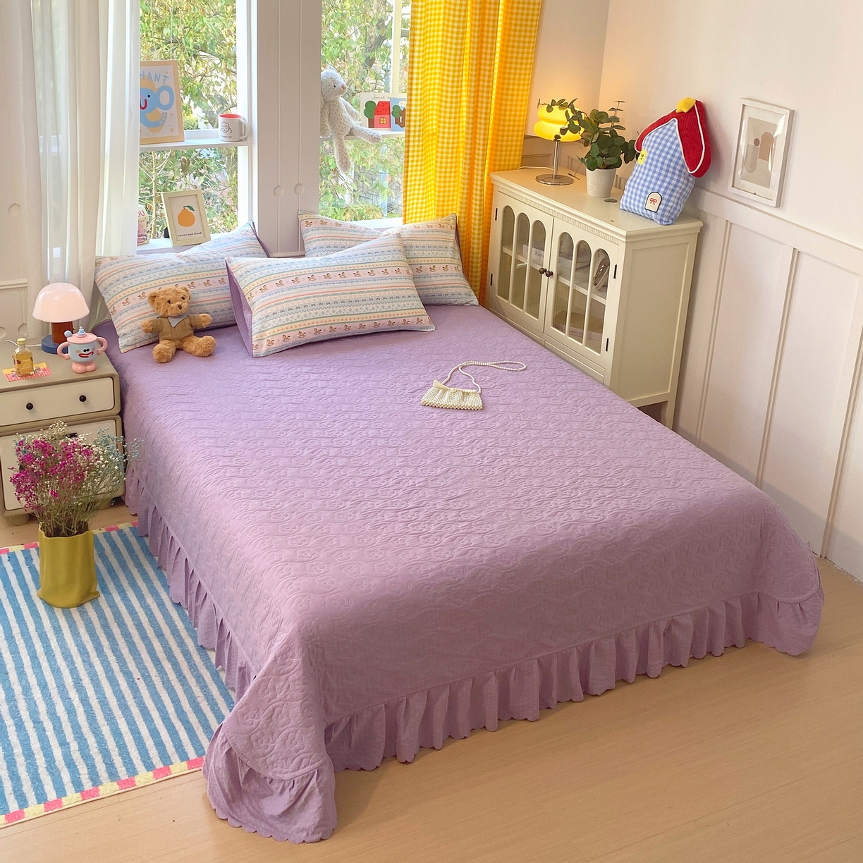 91家纺网 家纺一手货源 找家纺 莱米家纺 2026新款云感泡泡双层纱夏被夏凉被空调被床盖四件套 波西米亚-紫