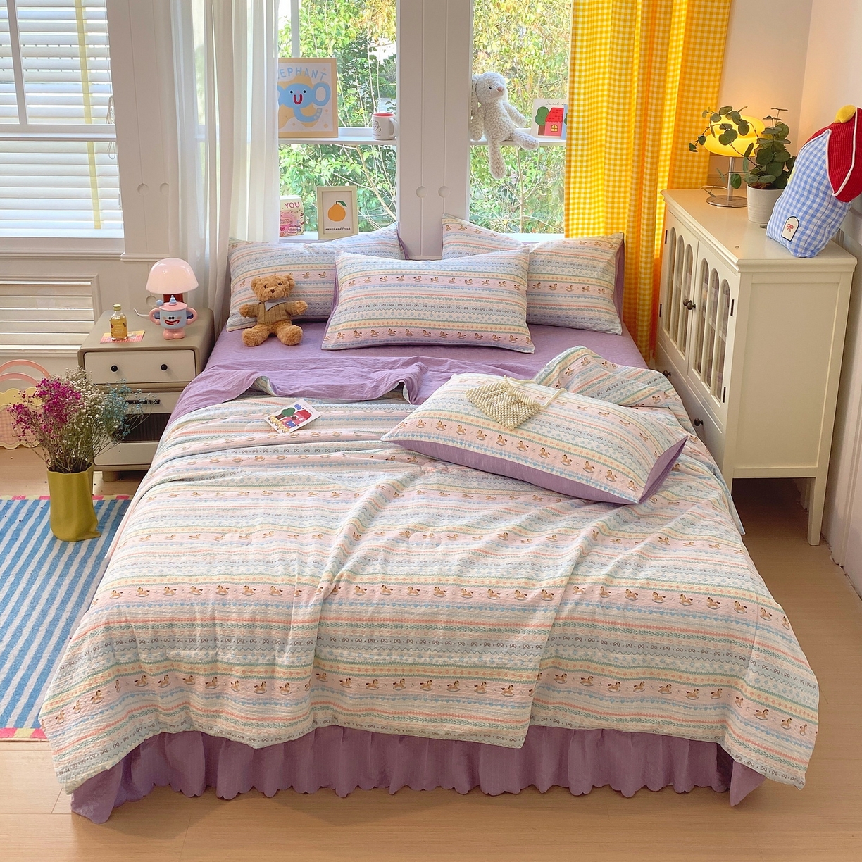 91家纺网 家纺一手货源 找家纺 莱米家纺 2026新款云感泡泡双层纱夏被夏凉被空调被床盖四件套 波西米亚-紫