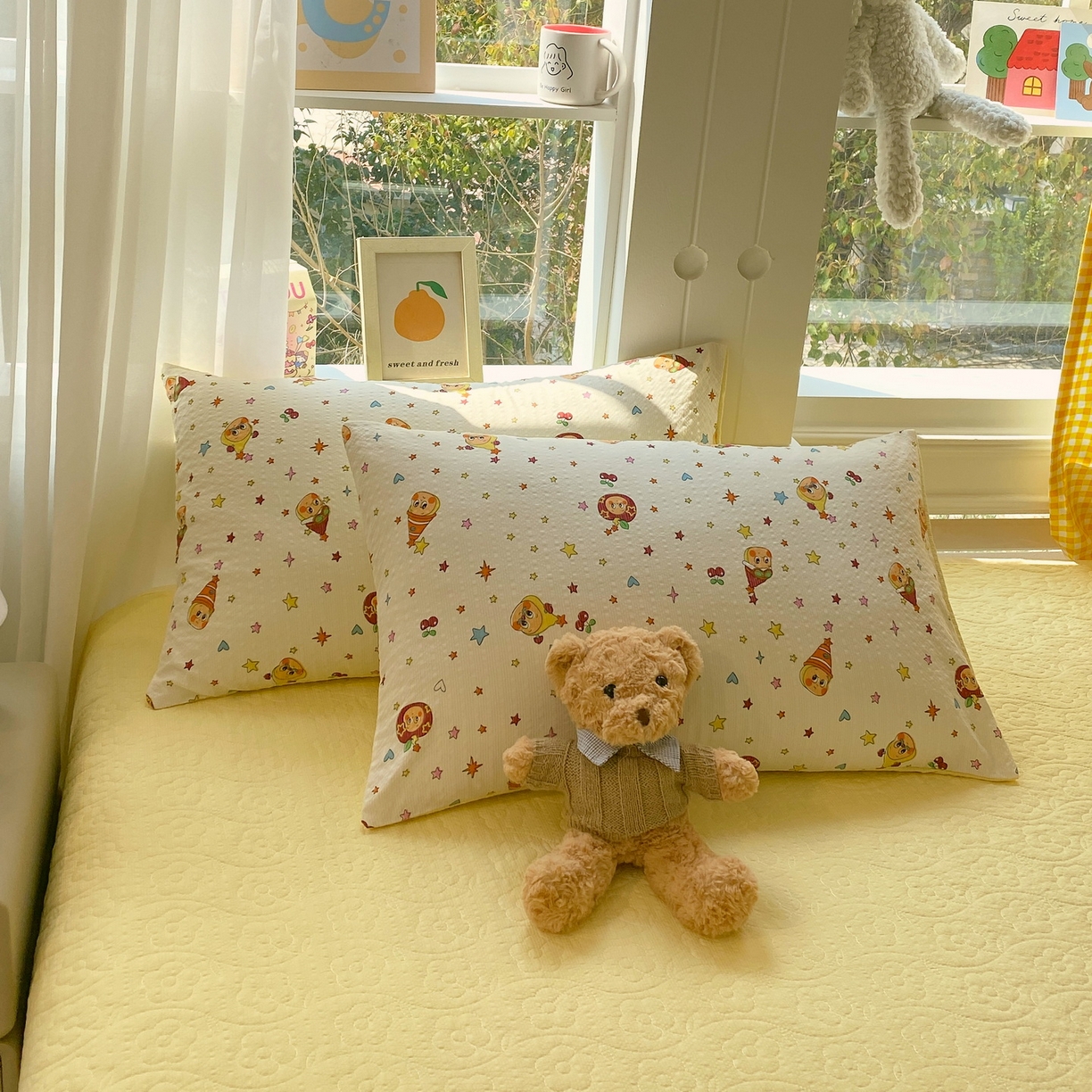 91家纺网 家纺一手货源 找家纺 莱米家纺 2026新款云感泡泡双层纱夏被夏凉被空调被床盖四件套 苹果星星人