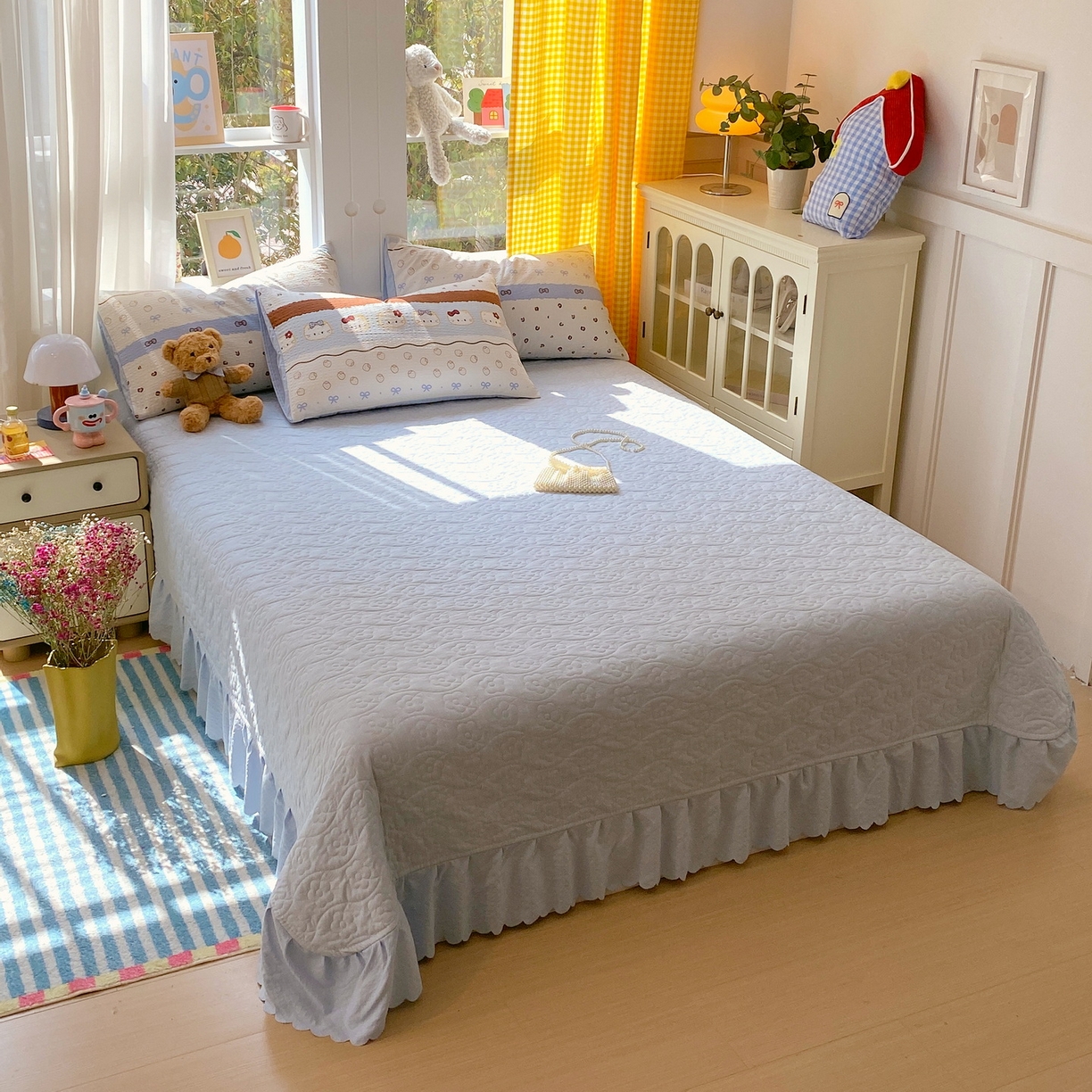 91家纺网 家纺一手货源 找家纺 莱米家纺 2026新款云感泡泡双层纱夏被夏凉被空调被床盖四件套 猫咪乐园