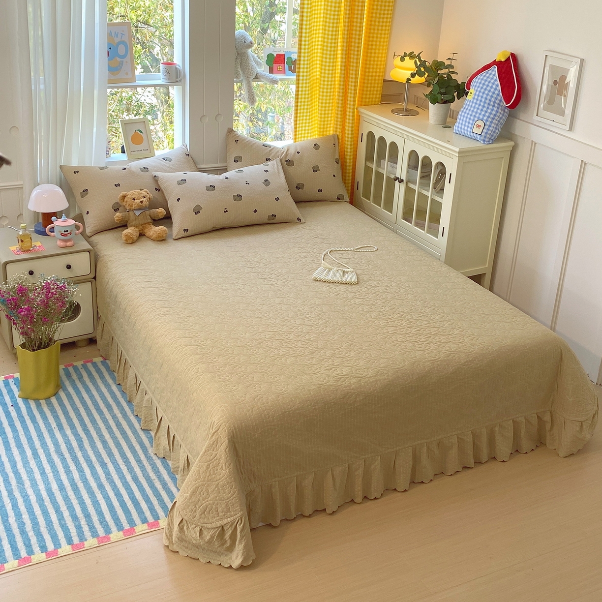 91家纺网 家纺一手货源 找家纺 莱米家纺 2026新款云感泡泡双层纱夏被夏凉被空调被床盖四件套 猫咪日记