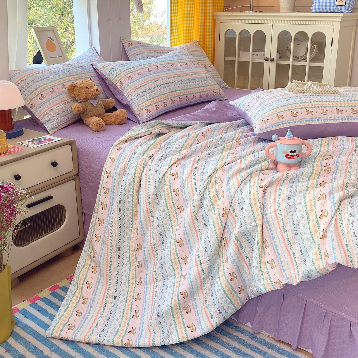 91家纺网 家纺一手货源 找家纺 莱米家纺 2026新款云感泡泡双层纱夏被夏凉被空调被床盖四件套 波西米亚-紫