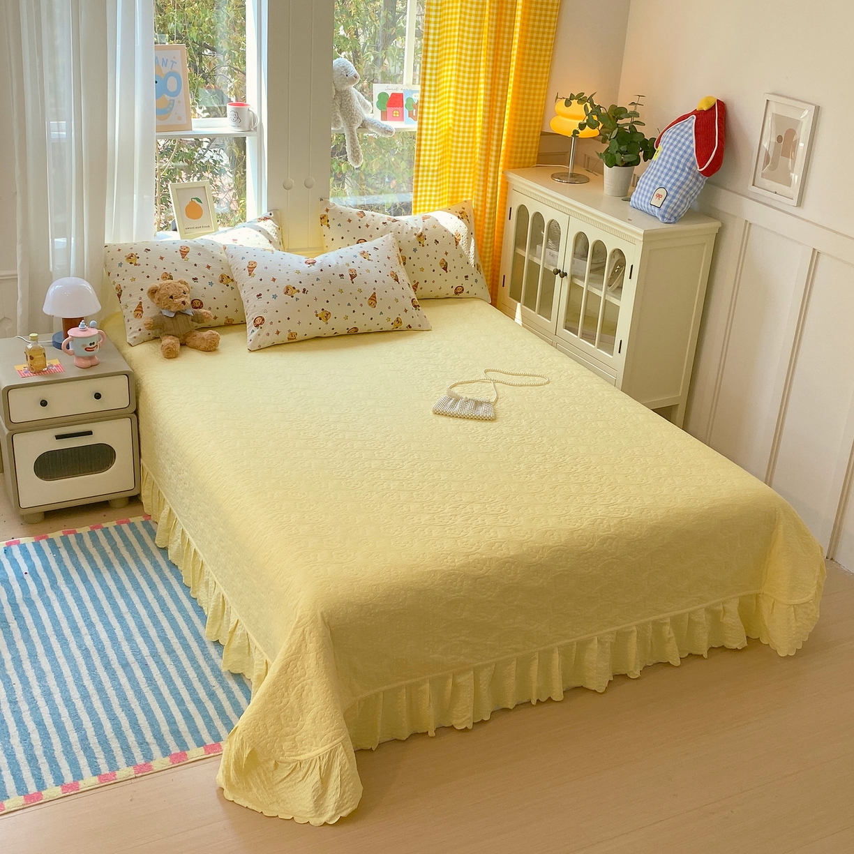 91家纺网 家纺一手货源 找家纺 莱米家纺 2026新款云感泡泡双层纱夏被夏凉被空调被床盖四件套 苹果星星人