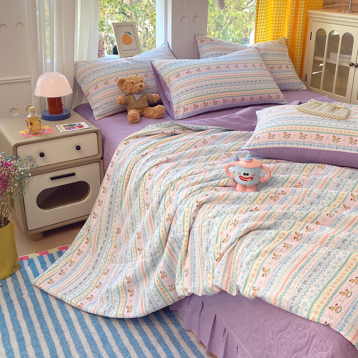 91家纺网 家纺一手货源 找家纺 莱米家纺 2026新款云感泡泡双层纱夏被夏凉被空调被床盖四件套 波西米亚-紫