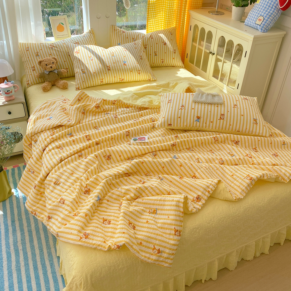 91家纺网 家纺一手货源 找家纺 莱米家纺 2026新款云感泡泡双层纱夏被夏凉被空调被床盖四件套 魔法星星