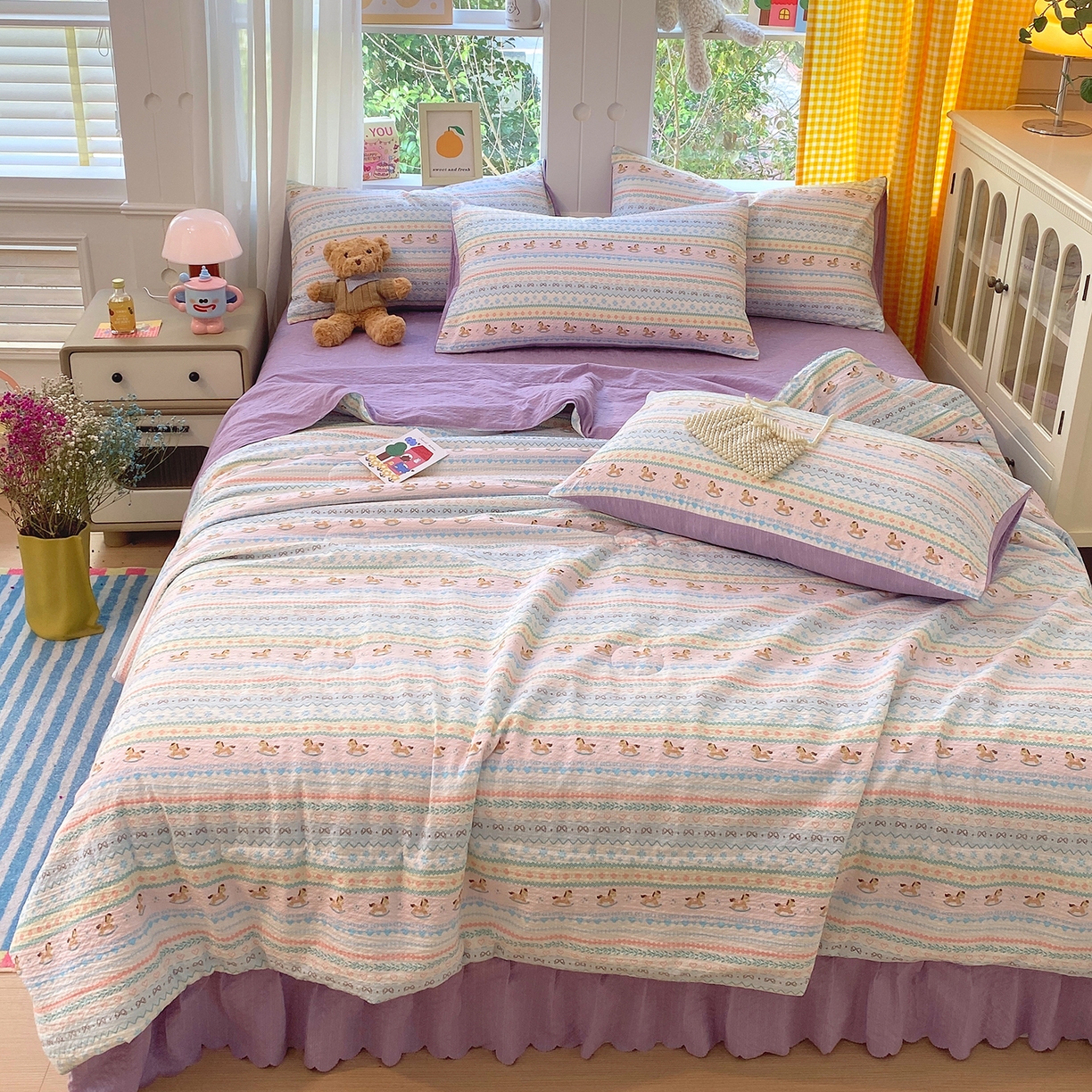 91家纺网 家纺一手货源 找家纺 莱米家纺 2026新款云感泡泡双层纱夏被夏凉被空调被床盖四件套 波西米亚-紫