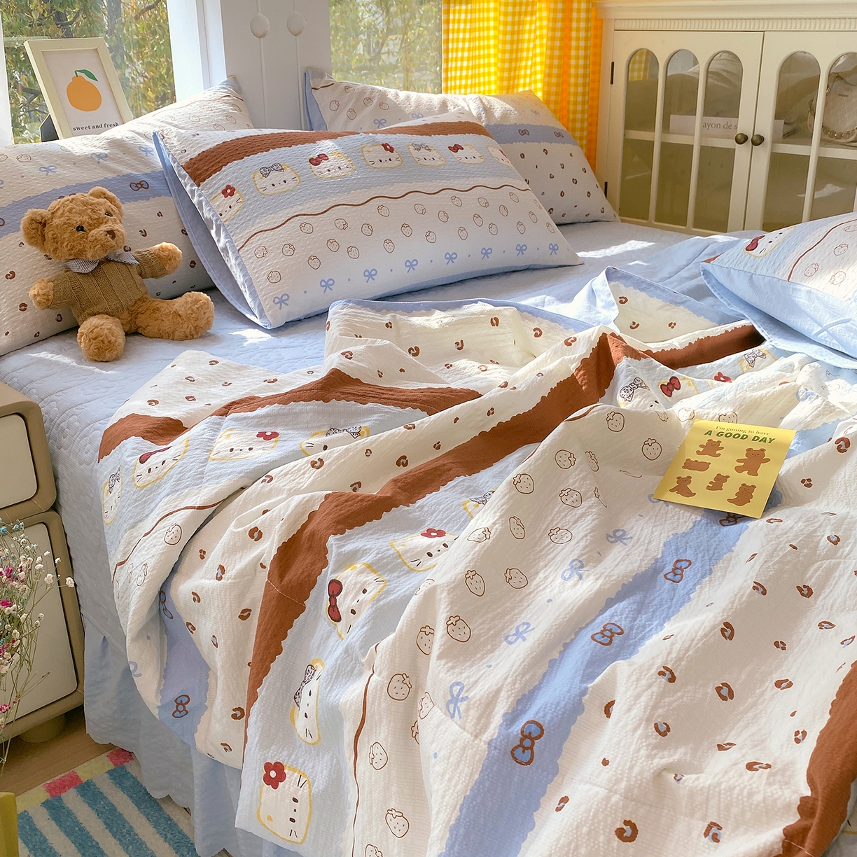 91家纺网 家纺一手货源 找家纺 莱米家纺 2026新款云感泡泡双层纱夏被夏凉被空调被床盖四件套 猫咪乐园