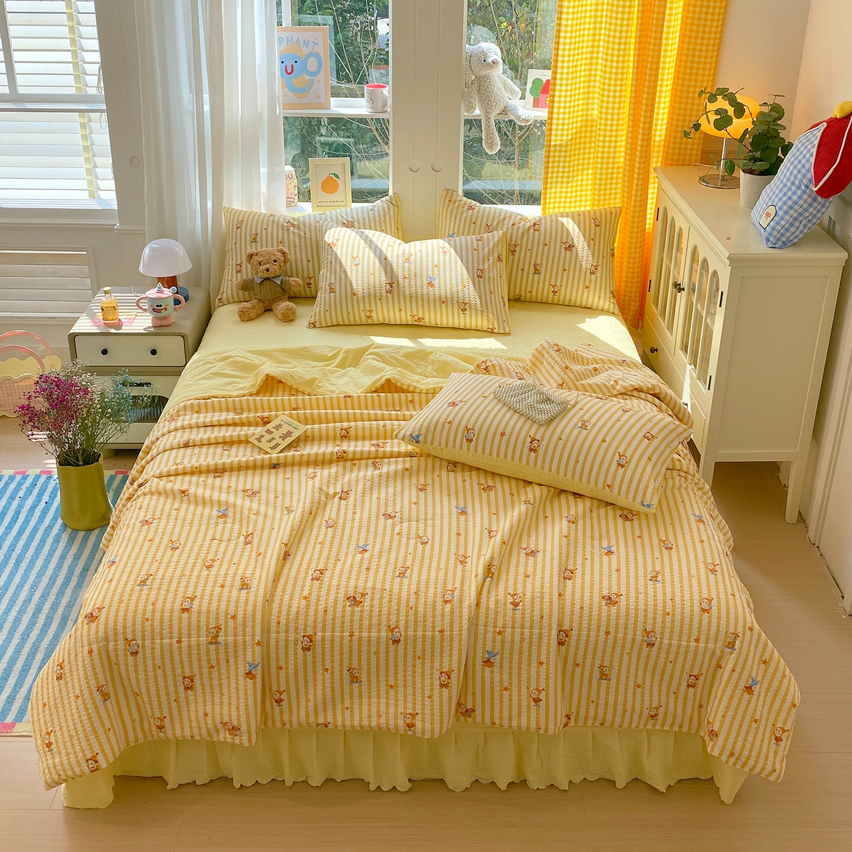 91家纺网 家纺一手货源 找家纺 莱米家纺 2026新款云感泡泡双层纱夏被夏凉被空调被床盖四件套 魔法星星