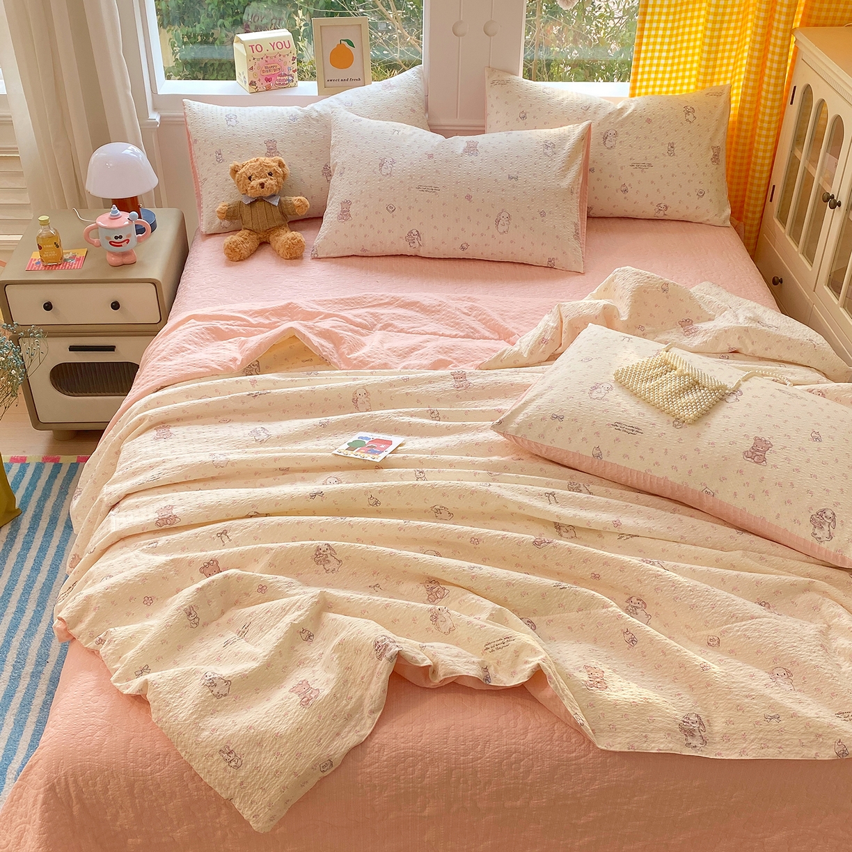 91家纺网 家纺一手货源 找家纺 莱米家纺 2026新款云感泡泡双层纱夏被夏凉被空调被床盖四件套 海派甜心