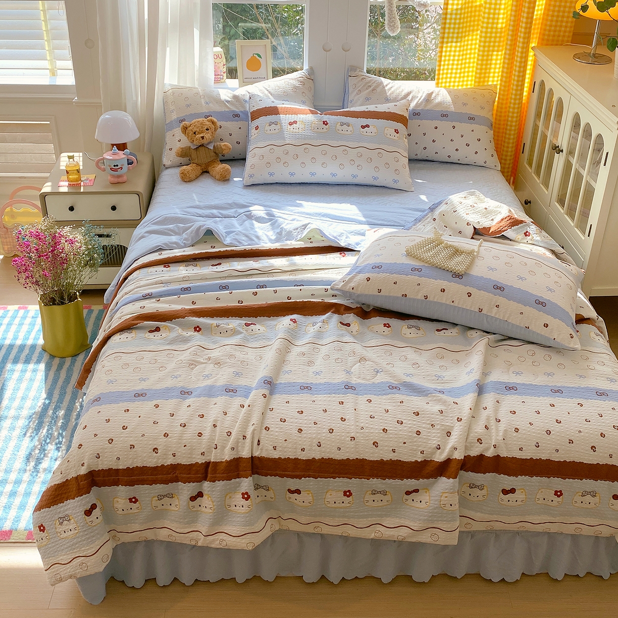 91家纺网 家纺一手货源 找家纺 莱米家纺 2026新款云感泡泡双层纱夏被夏凉被空调被床盖四件套 猫咪乐园