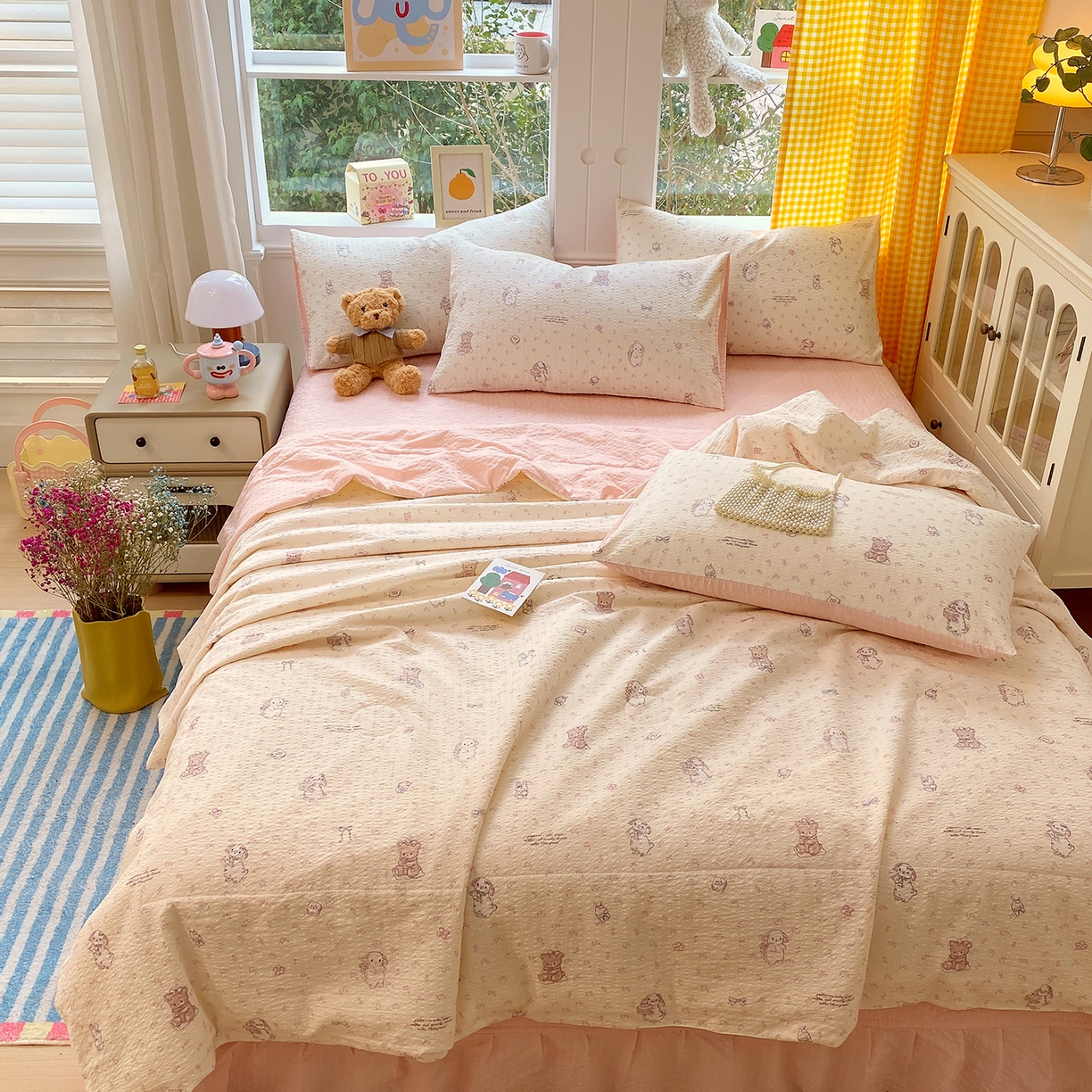 91家纺网 家纺一手货源 找家纺 莱米家纺 2026新款云感泡泡双层纱夏被夏凉被空调被床盖四件套 海派甜心