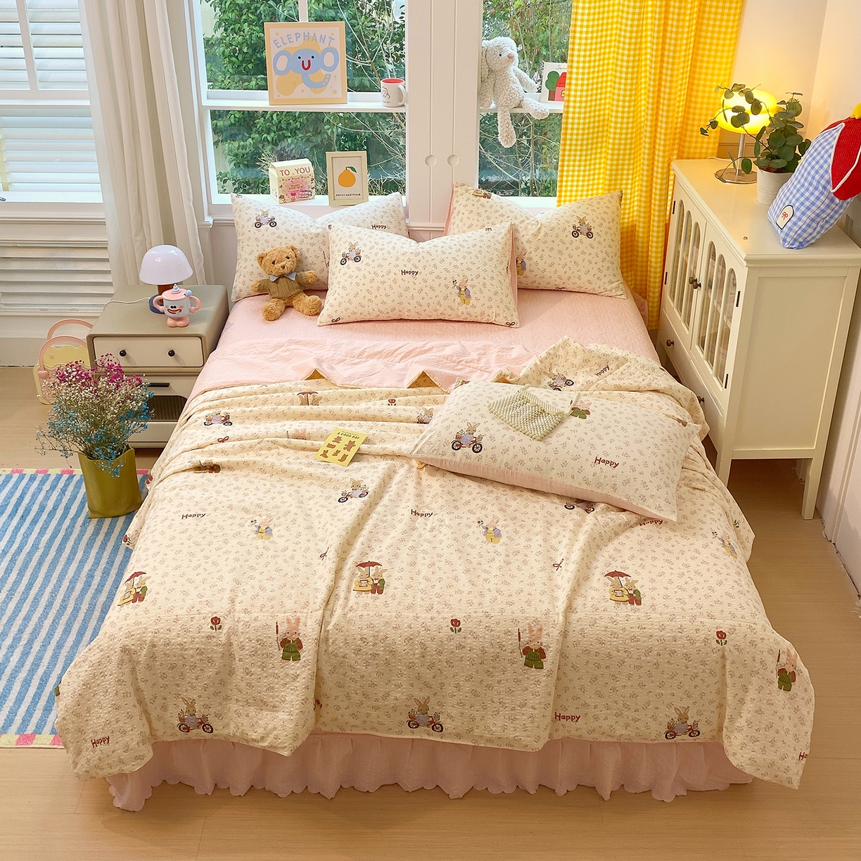 91家纺网 家纺一手货源 找家纺 莱米家纺 2026新款云感泡泡双层纱夏被夏凉被空调被床盖四件套 兔兔乐园