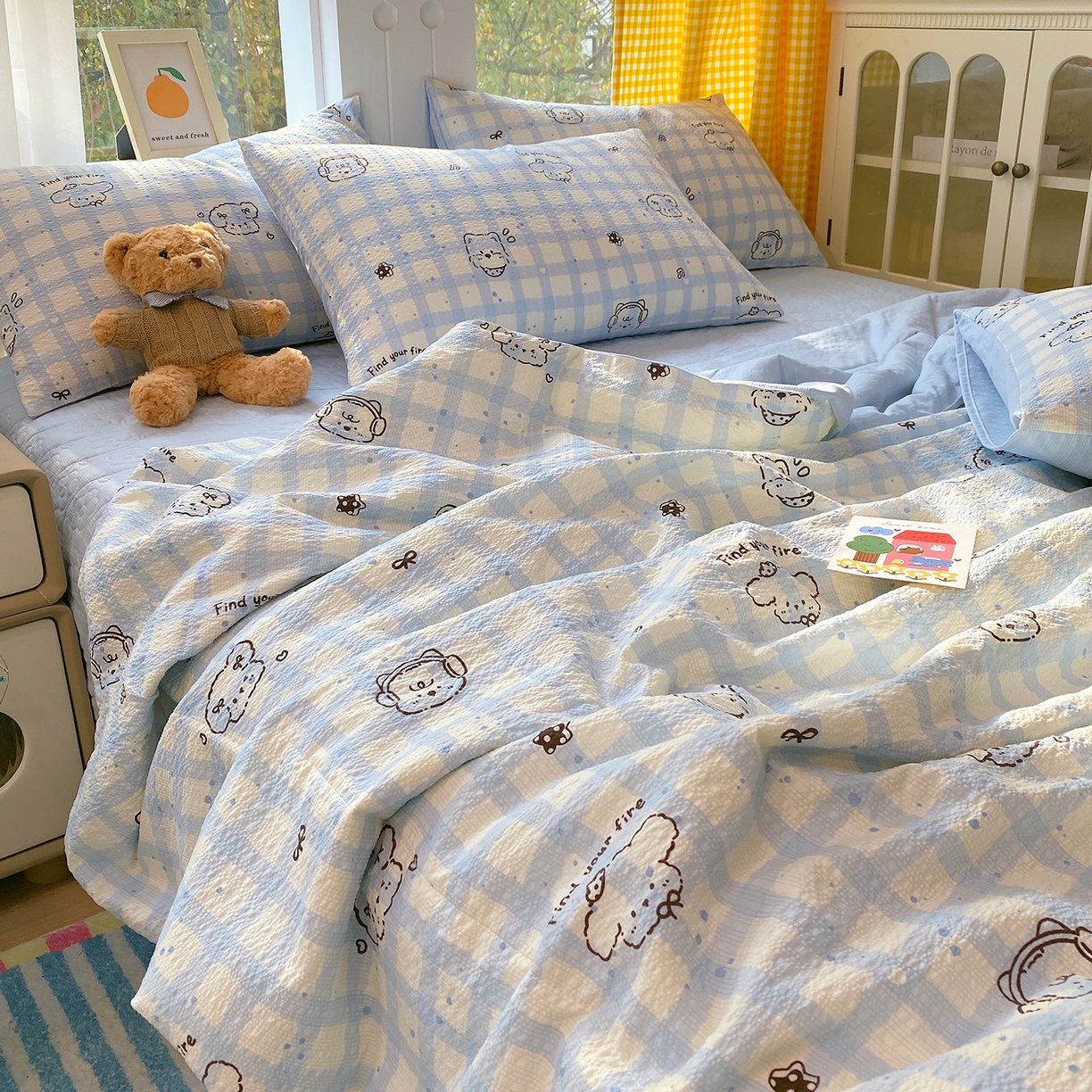 91家纺网 家纺一手货源 找家纺 莱米家纺 2026新款云感泡泡双层纱夏被夏凉被空调被床盖四件套 音乐小狗