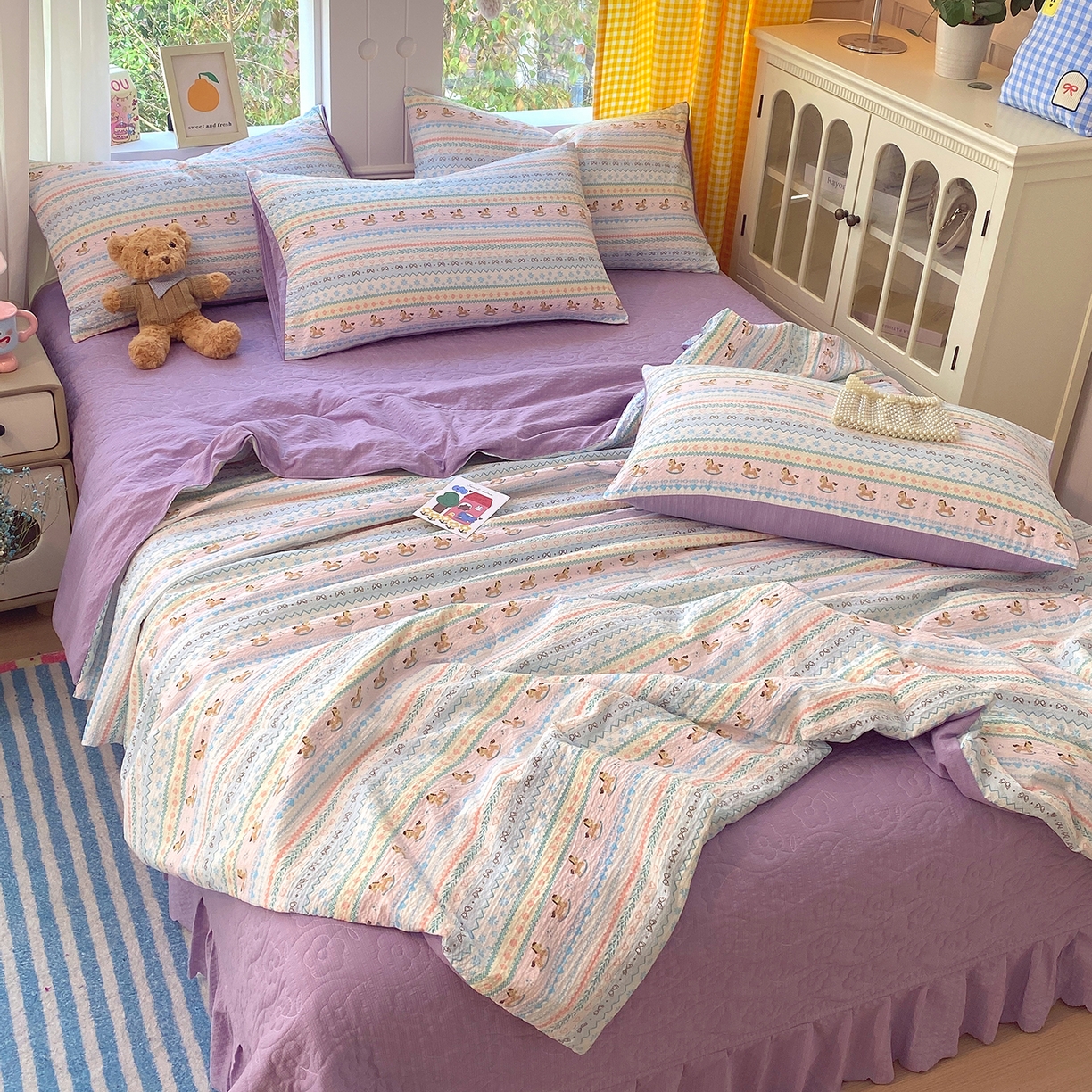 91家纺网 家纺一手货源 找家纺 莱米家纺 2026新款云感泡泡双层纱夏被夏凉被空调被床盖四件套 波西米亚-紫