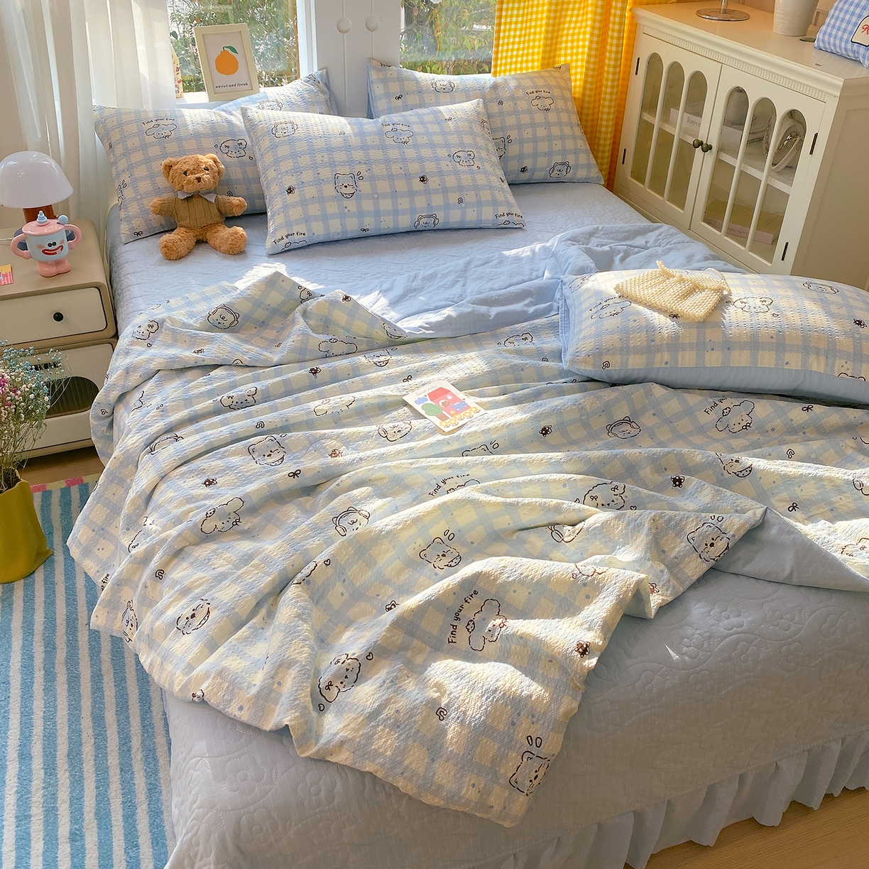 91家纺网 家纺一手货源 找家纺 莱米家纺 2026新款云感泡泡双层纱夏被夏凉被空调被床盖四件套 音乐小狗