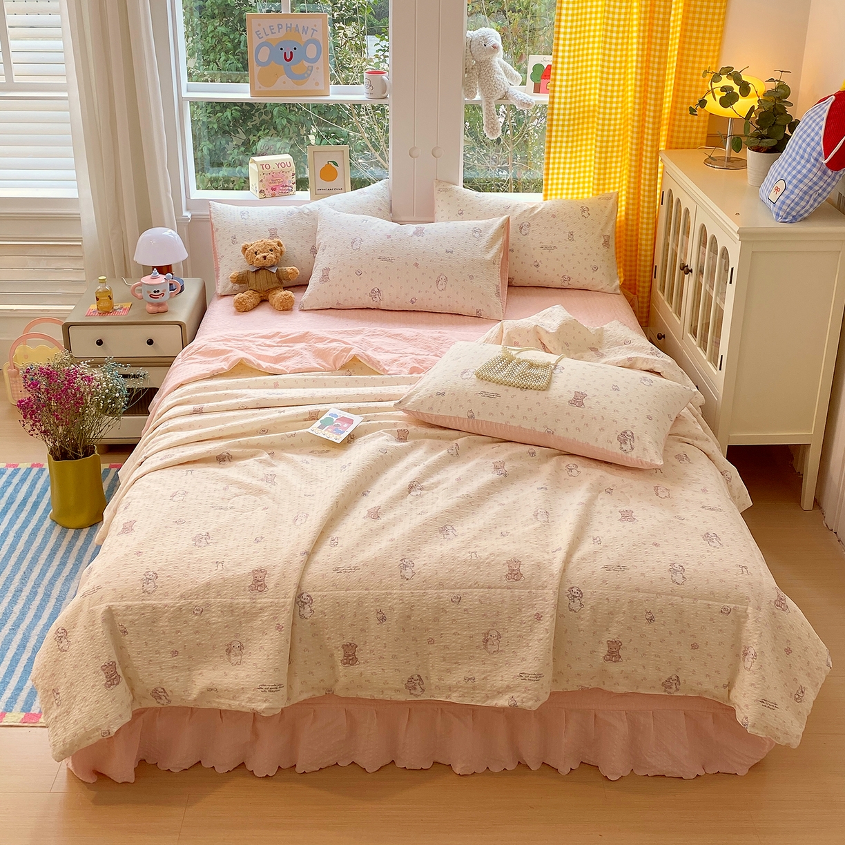 91家纺网 家纺一手货源 找家纺 莱米家纺 2026新款云感泡泡双层纱夏被夏凉被空调被床盖四件套 海派甜心