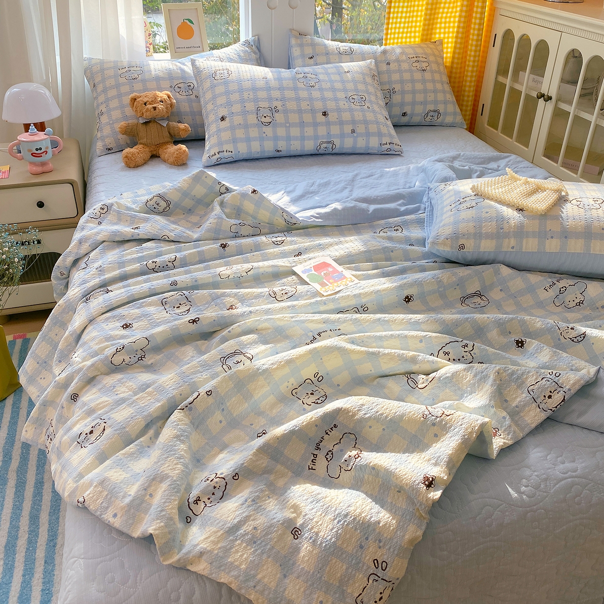 91家纺网 家纺一手货源 找家纺 莱米家纺 2026新款云感泡泡双层纱夏被夏凉被空调被床盖四件套 音乐小狗