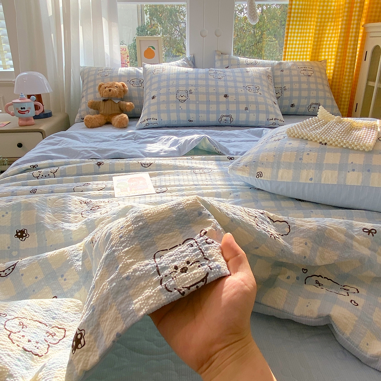 91家纺网 家纺一手货源 找家纺 莱米家纺 2026新款云感泡泡双层纱夏被夏凉被空调被床盖四件套 音乐小狗