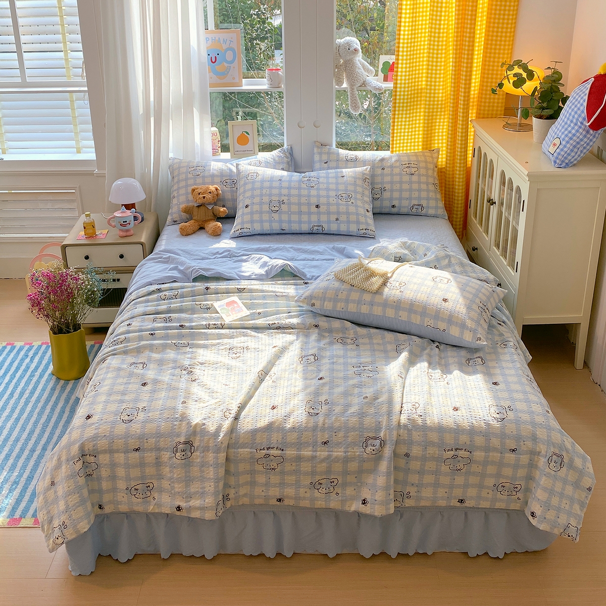 91家纺网 家纺一手货源 找家纺 莱米家纺 2026新款云感泡泡双层纱夏被夏凉被空调被床盖四件套 音乐小狗