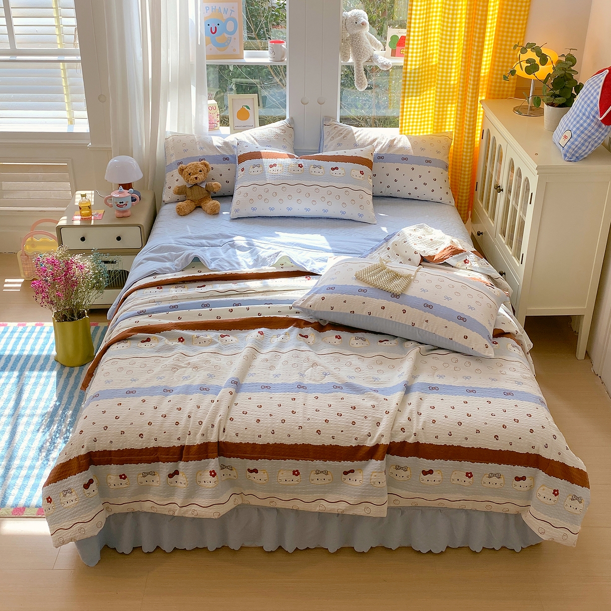 91家纺网 家纺一手货源 找家纺 莱米家纺 2026新款云感泡泡双层纱夏被夏凉被空调被床盖四件套 猫咪乐园