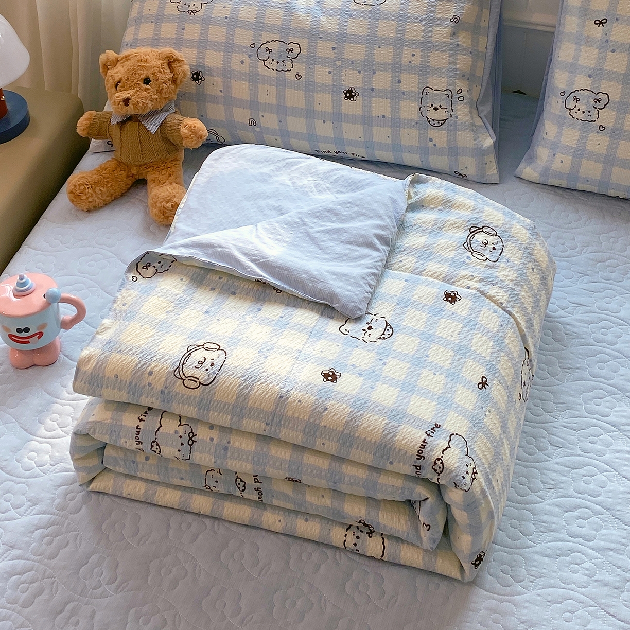 莱米家纺 2026新款云感泡泡双层纱夏被夏凉被空调被床盖四件套 音乐小狗