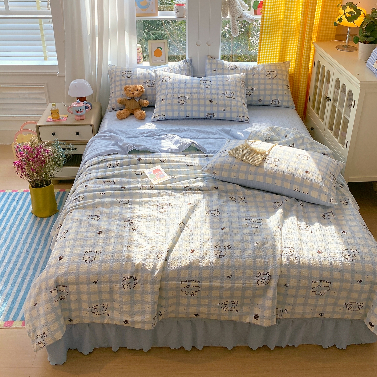 91家纺网 家纺一手货源 找家纺 莱米家纺 2026新款云感泡泡双层纱夏被夏凉被空调被床盖四件套 音乐小狗