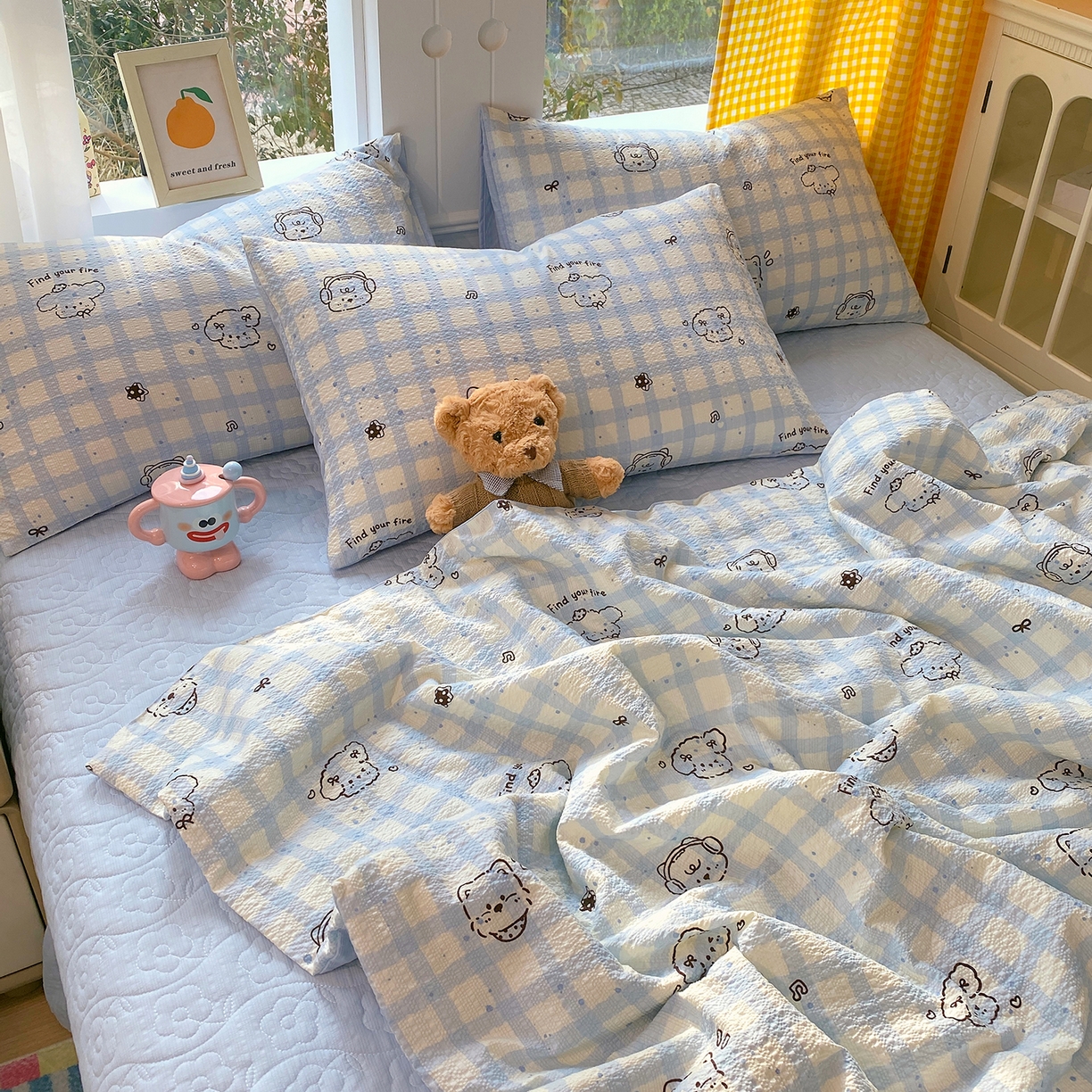 91家纺网 家纺一手货源 找家纺 莱米家纺 2026新款云感泡泡双层纱夏被夏凉被空调被床盖四件套 音乐小狗