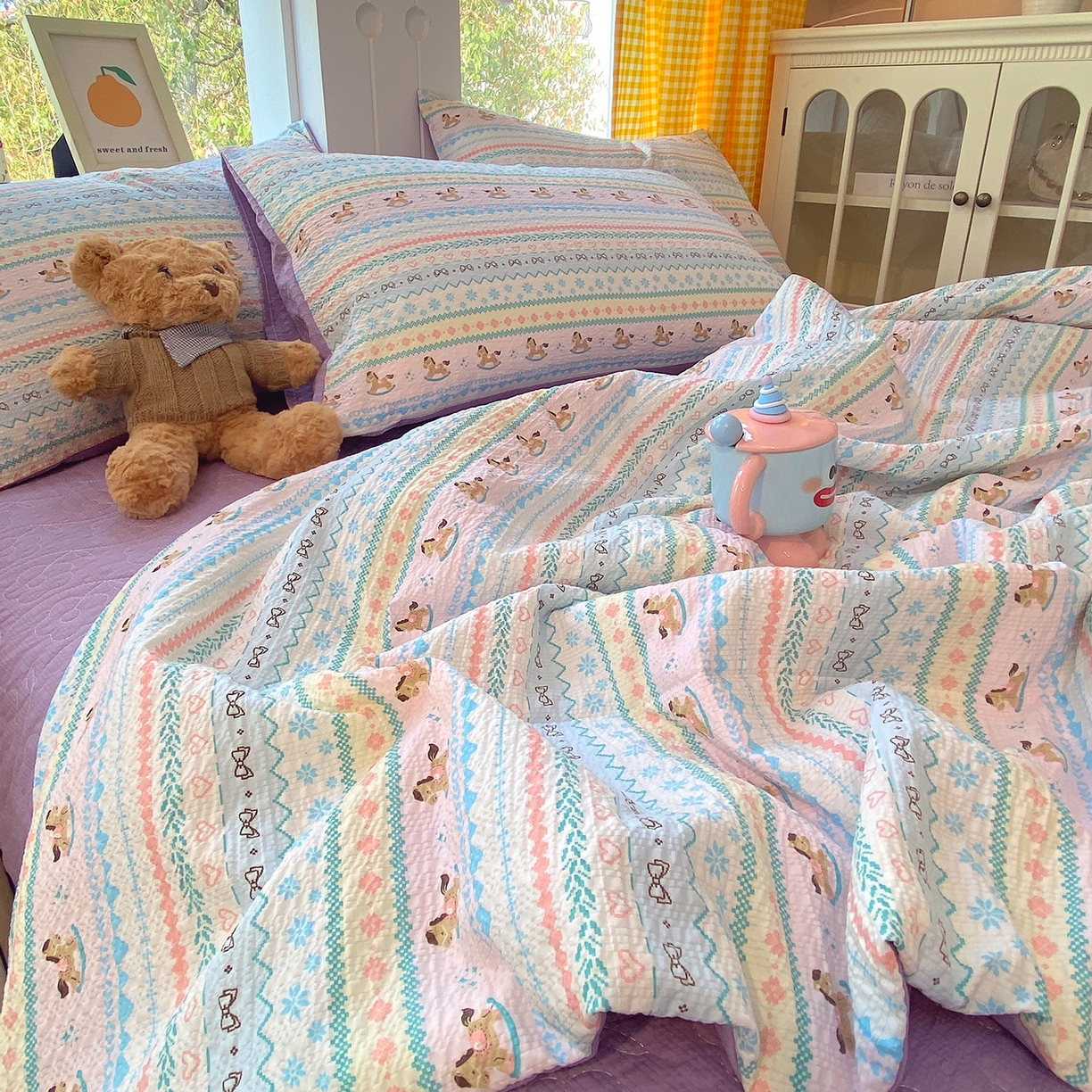 91家纺网 家纺一手货源 找家纺 莱米家纺 2026新款云感泡泡双层纱夏被夏凉被空调被床盖四件套 波西米亚-紫