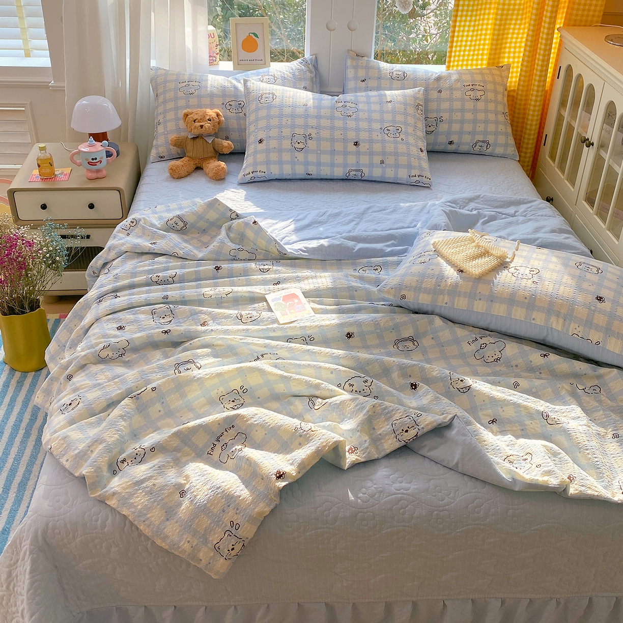 91家纺网 家纺一手货源 找家纺 莱米家纺 2026新款云感泡泡双层纱夏被夏凉被空调被床盖四件套 音乐小狗