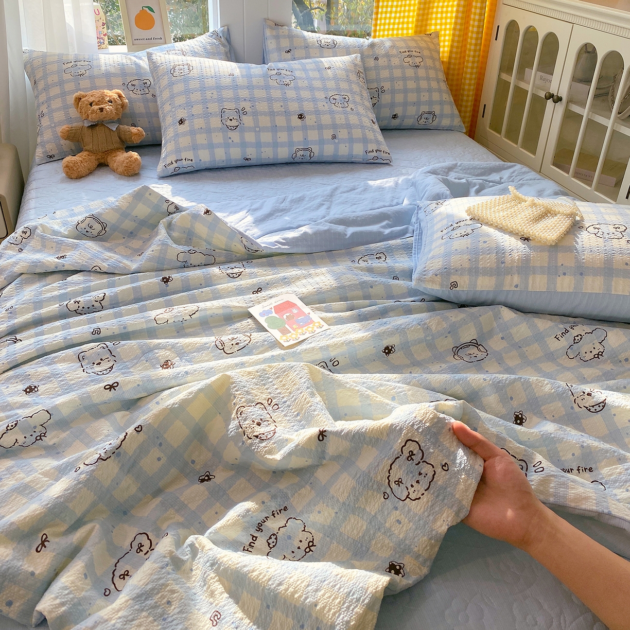 91家纺网 家纺一手货源 找家纺 莱米家纺 2026新款云感泡泡双层纱夏被夏凉被空调被床盖四件套 音乐小狗