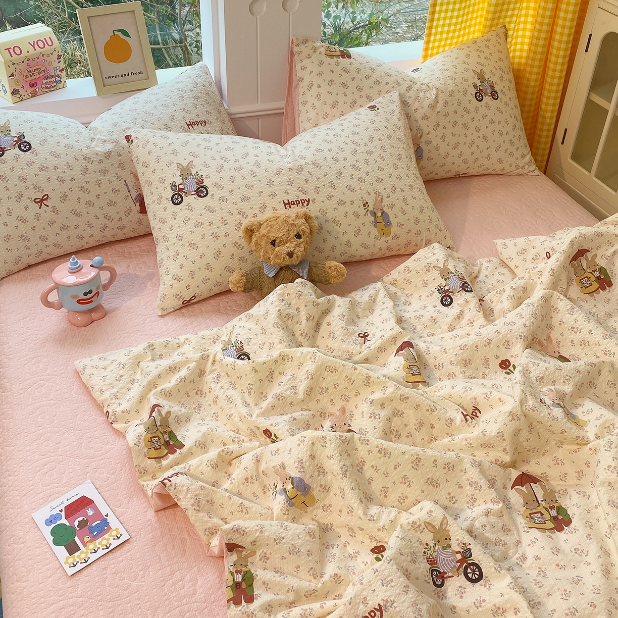 91家纺网 家纺一手货源 找家纺 莱米家纺 2026新款云感泡泡双层纱夏被夏凉被空调被床盖四件套 兔兔乐园