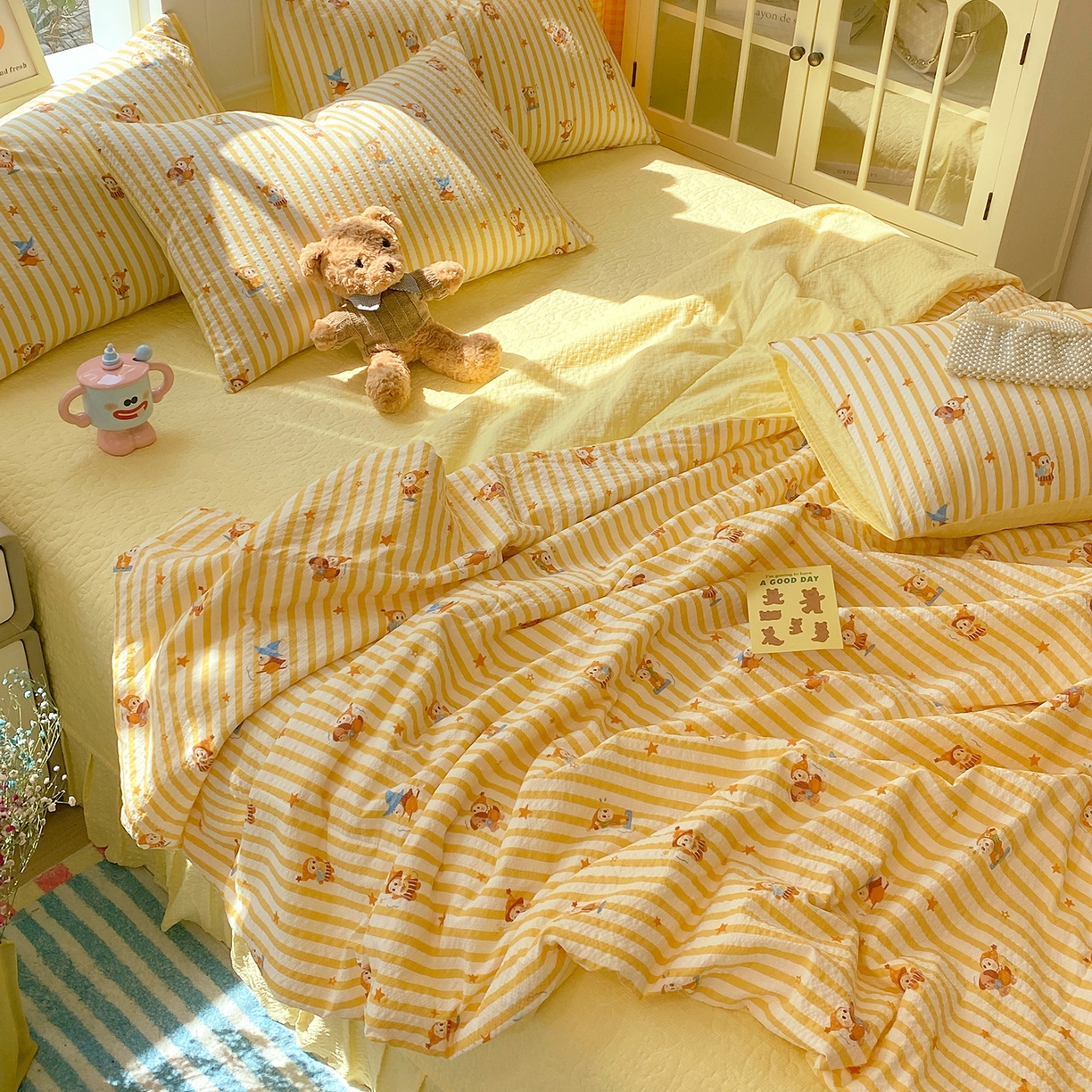 91家纺网 家纺一手货源 找家纺 莱米家纺 2026新款云感泡泡双层纱夏被夏凉被空调被床盖四件套 魔法星星