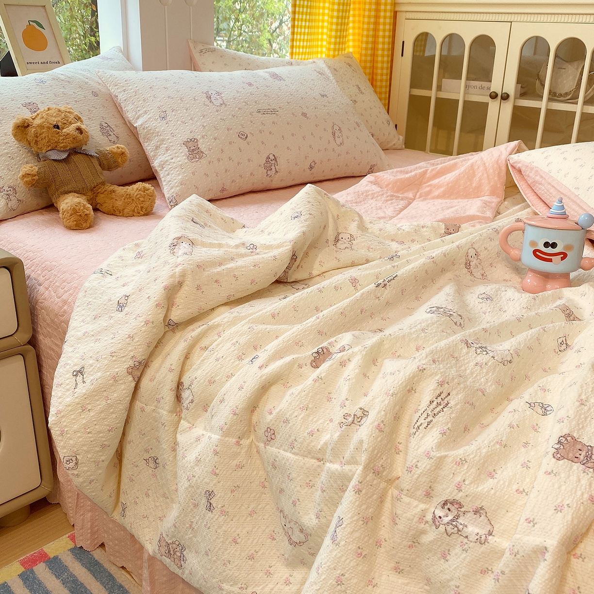 91家纺网 家纺一手货源 找家纺 莱米家纺 2026新款云感泡泡双层纱夏被夏凉被空调被床盖四件套 海派甜心