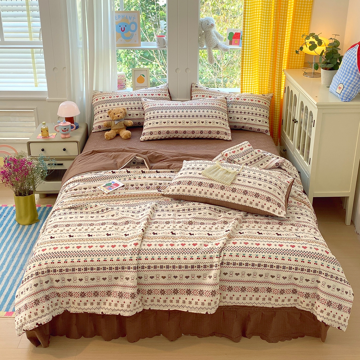 91家纺网 家纺一手货源 找家纺 莱米家纺 2026新款云感泡泡双层纱夏被夏凉被空调被床盖四件套 波西米亚-咖