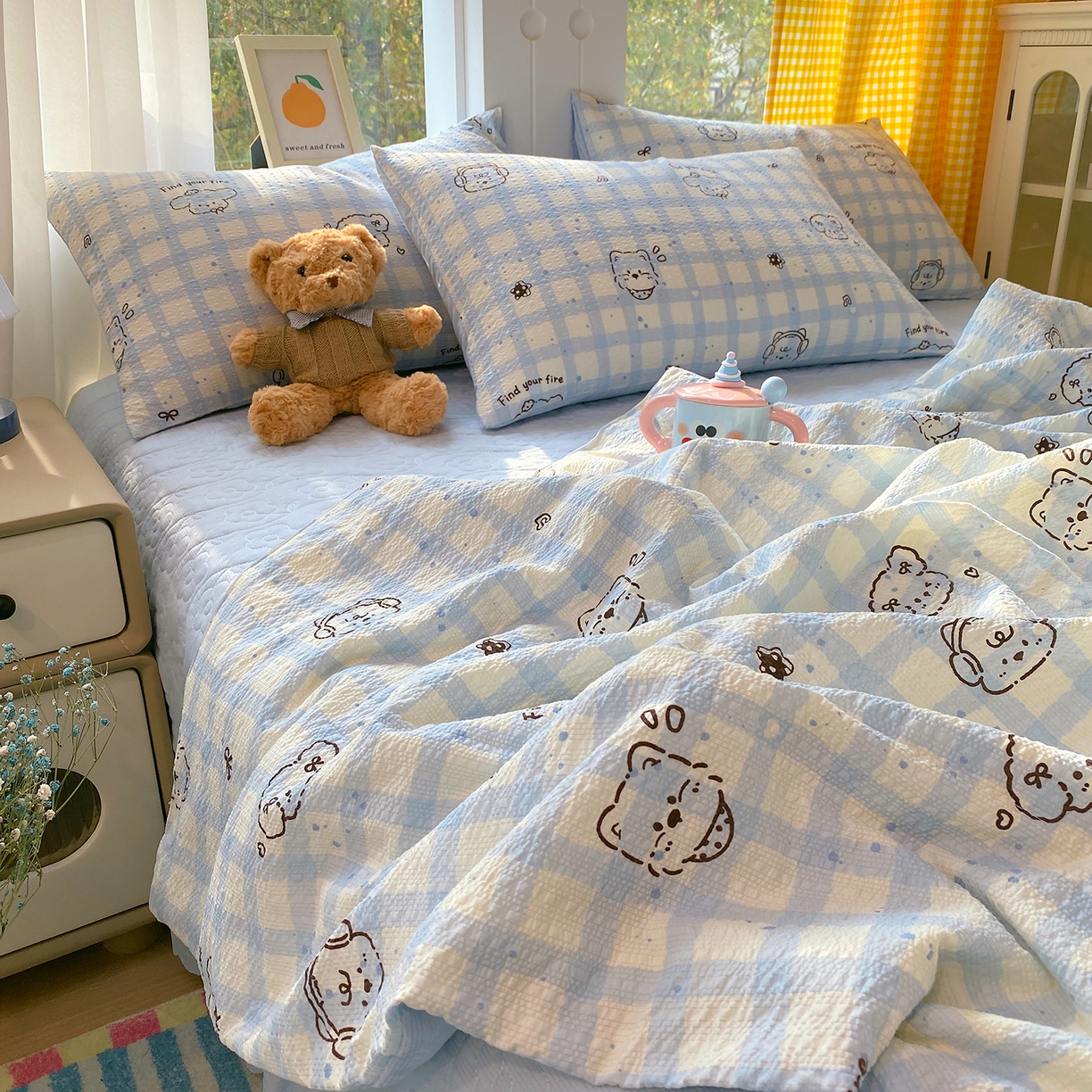 91家纺网 家纺一手货源 找家纺 莱米家纺 2026新款云感泡泡双层纱夏被夏凉被空调被床盖四件套 音乐小狗