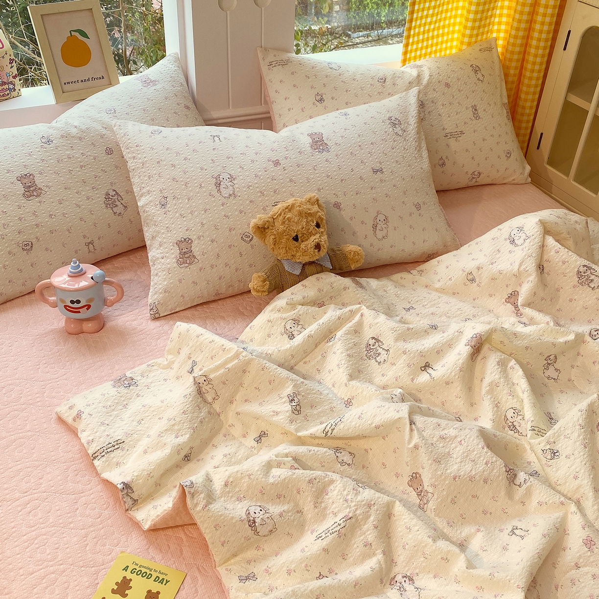 91家纺网 家纺一手货源 找家纺 莱米家纺 2026新款云感泡泡双层纱夏被夏凉被空调被床盖四件套 海派甜心