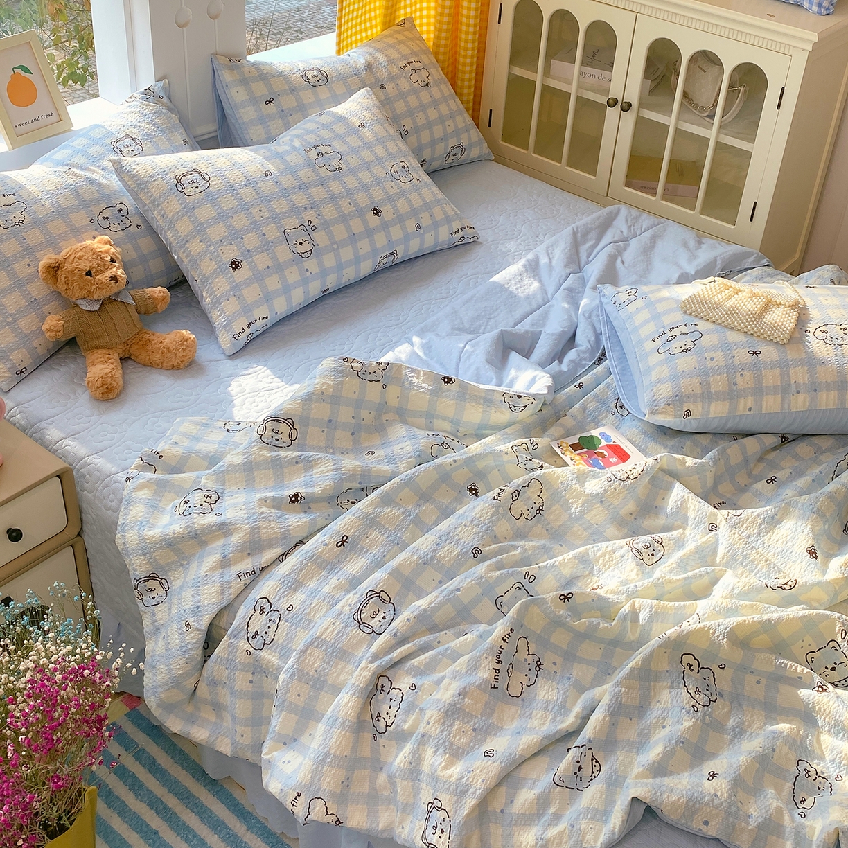 91家纺网 家纺一手货源 找家纺 莱米家纺 2026新款云感泡泡双层纱夏被夏凉被空调被床盖四件套 音乐小狗