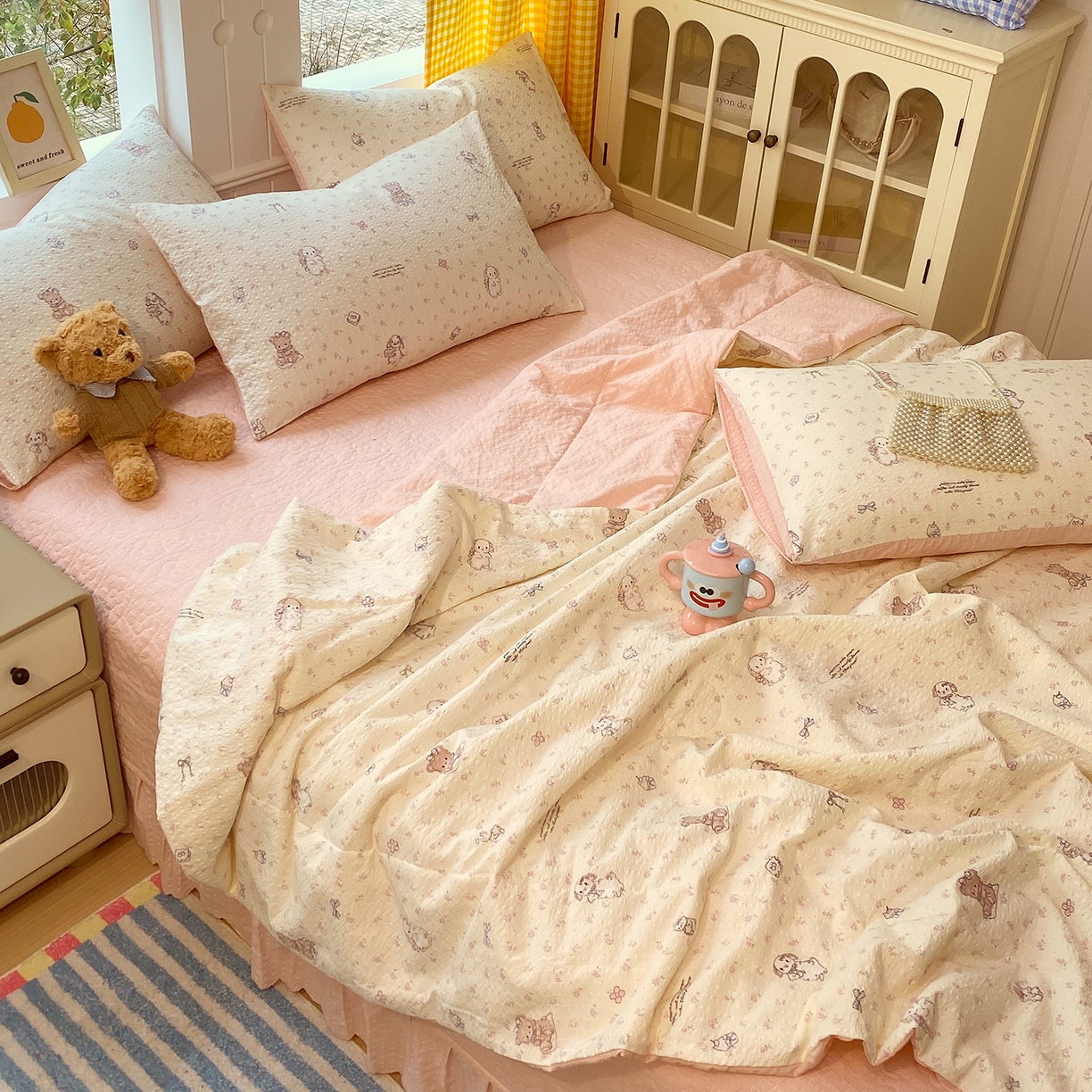 91家纺网 家纺一手货源 找家纺 莱米家纺 2026新款云感泡泡双层纱夏被夏凉被空调被床盖四件套 海派甜心