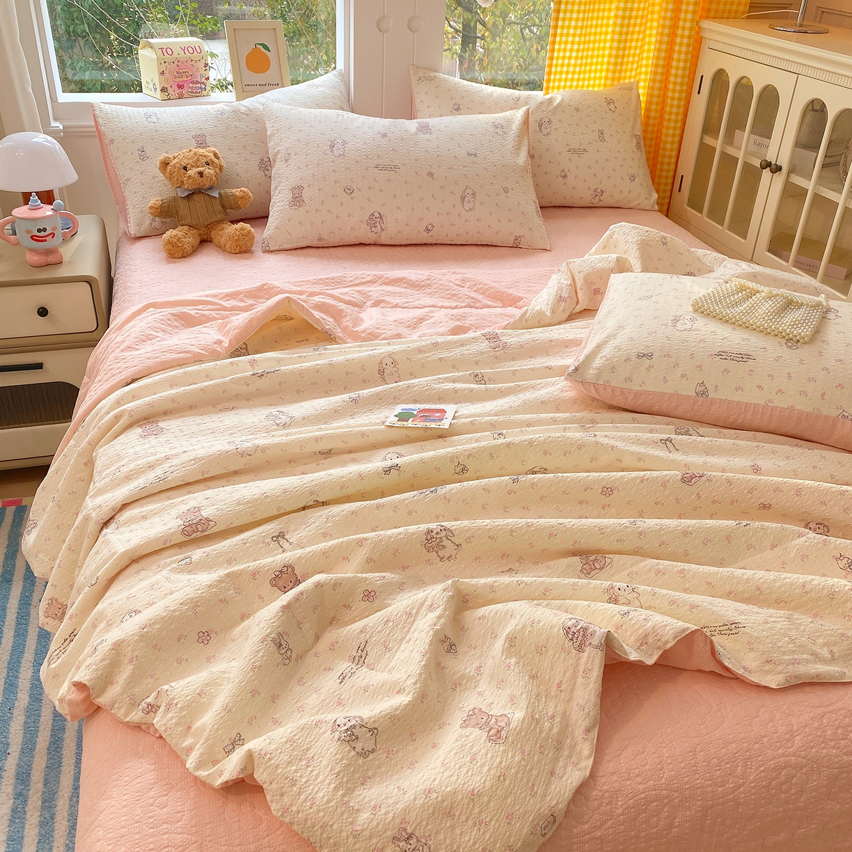 91家纺网 家纺一手货源 找家纺 莱米家纺 2026新款云感泡泡双层纱夏被夏凉被空调被床盖四件套 海派甜心