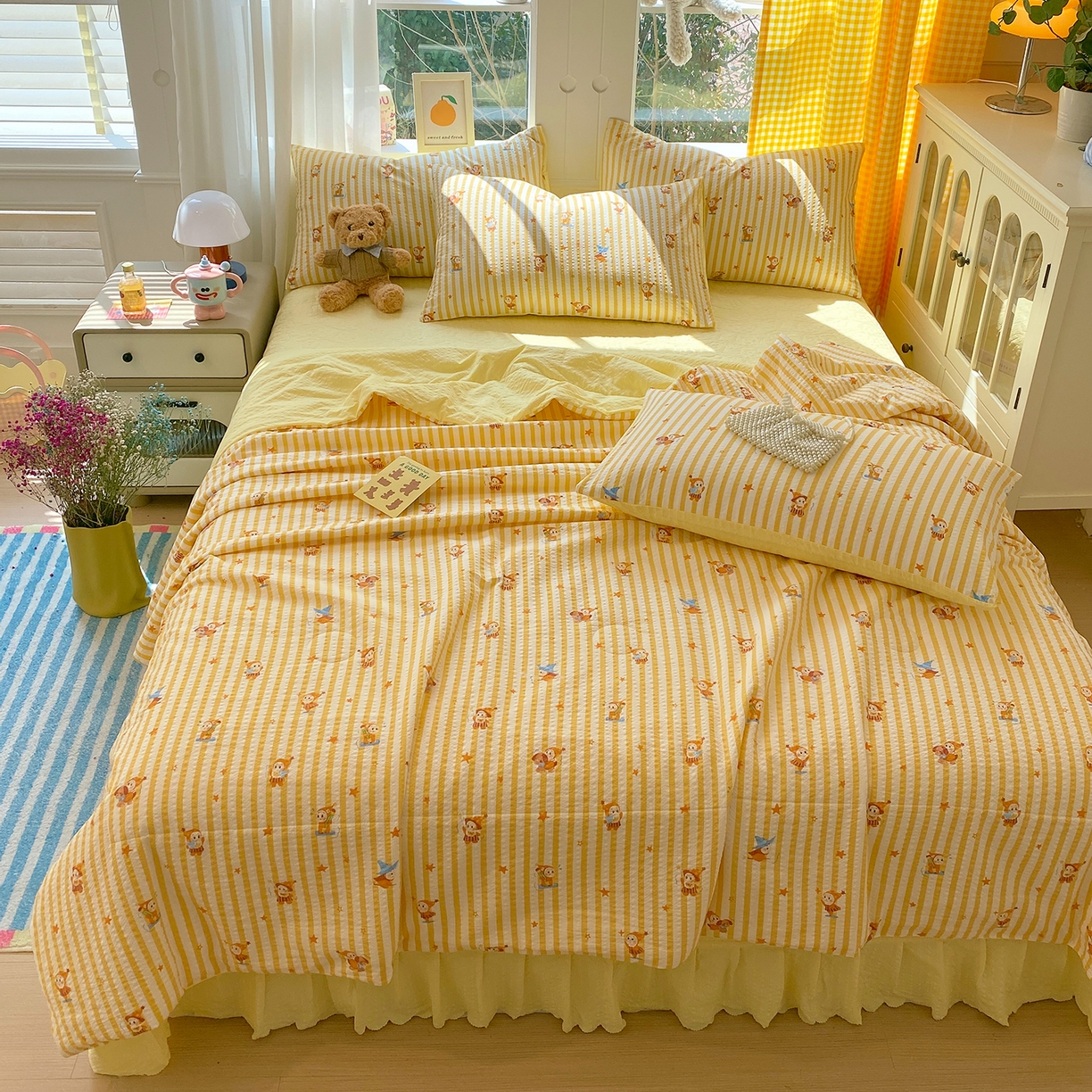 91家纺网 家纺一手货源 找家纺 莱米家纺 2026新款云感泡泡双层纱夏被夏凉被空调被床盖四件套 魔法星星