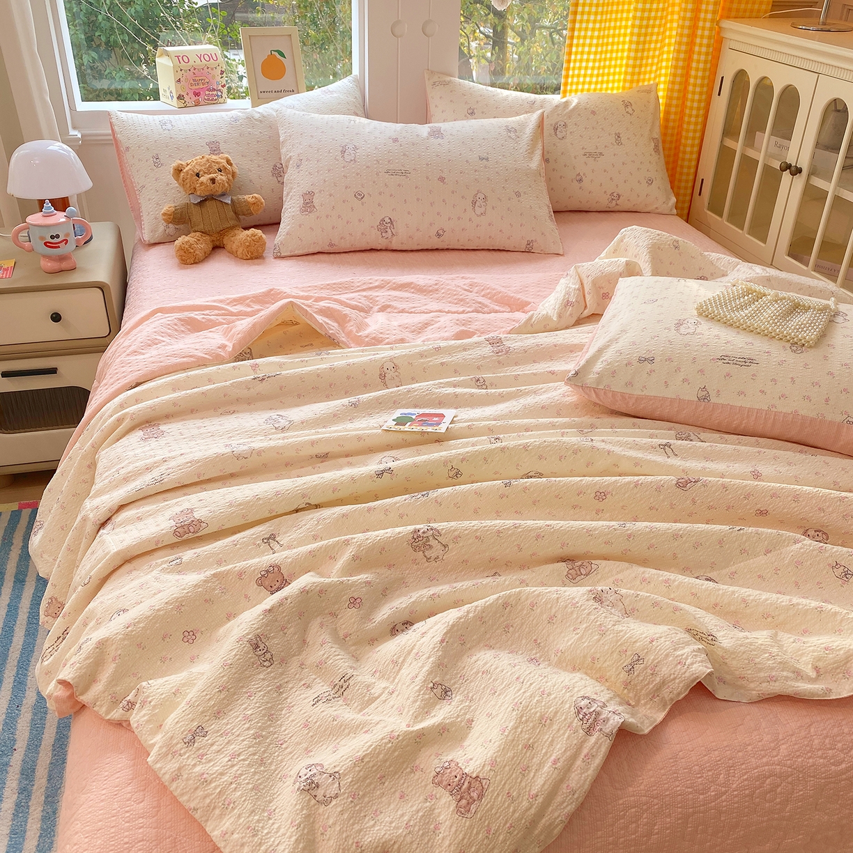 91家纺网 家纺一手货源 找家纺 莱米家纺 2026新款云感泡泡双层纱夏被夏凉被空调被床盖四件套 海派甜心