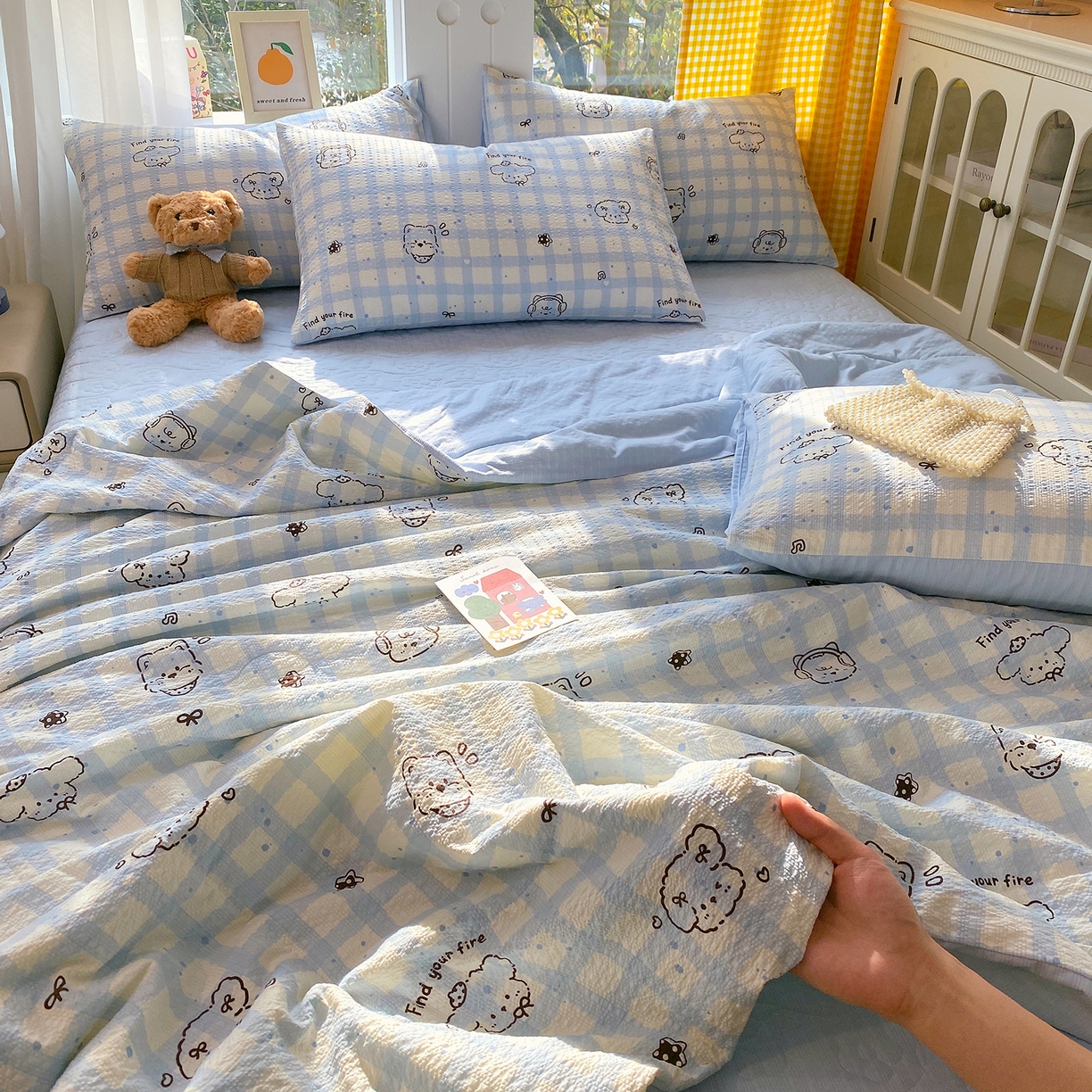 91家纺网 家纺一手货源 找家纺 莱米家纺 2026新款云感泡泡双层纱夏被夏凉被空调被床盖四件套 音乐小狗