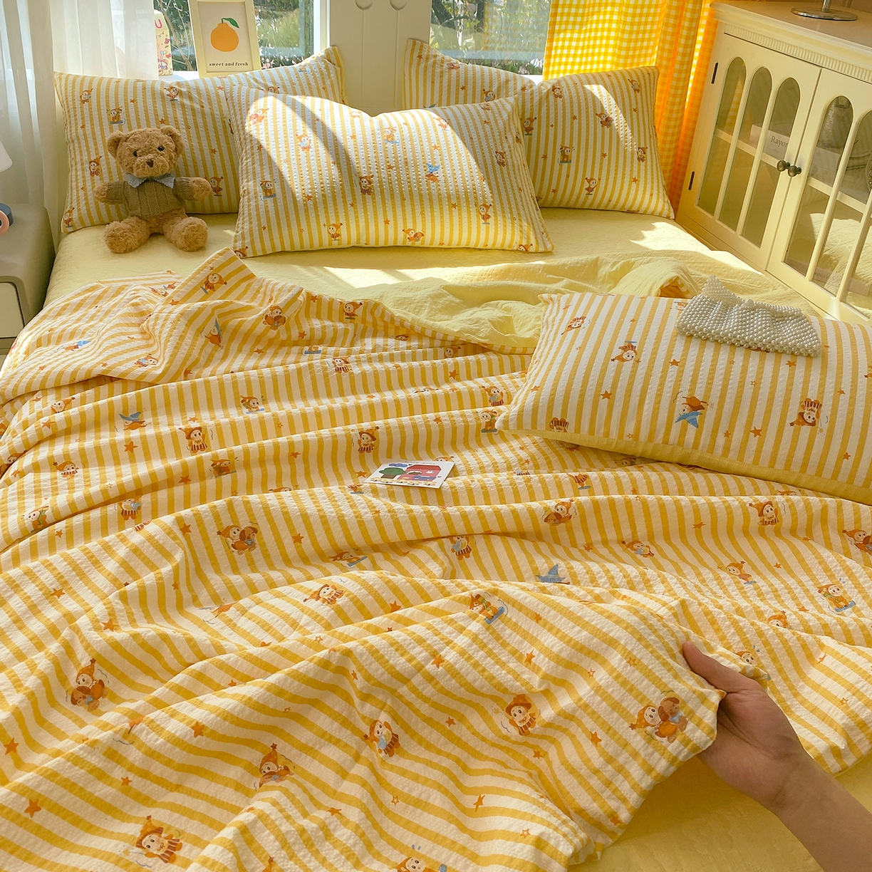 91家纺网 家纺一手货源 找家纺 莱米家纺 2026新款云感泡泡双层纱夏被夏凉被空调被床盖四件套 魔法星星